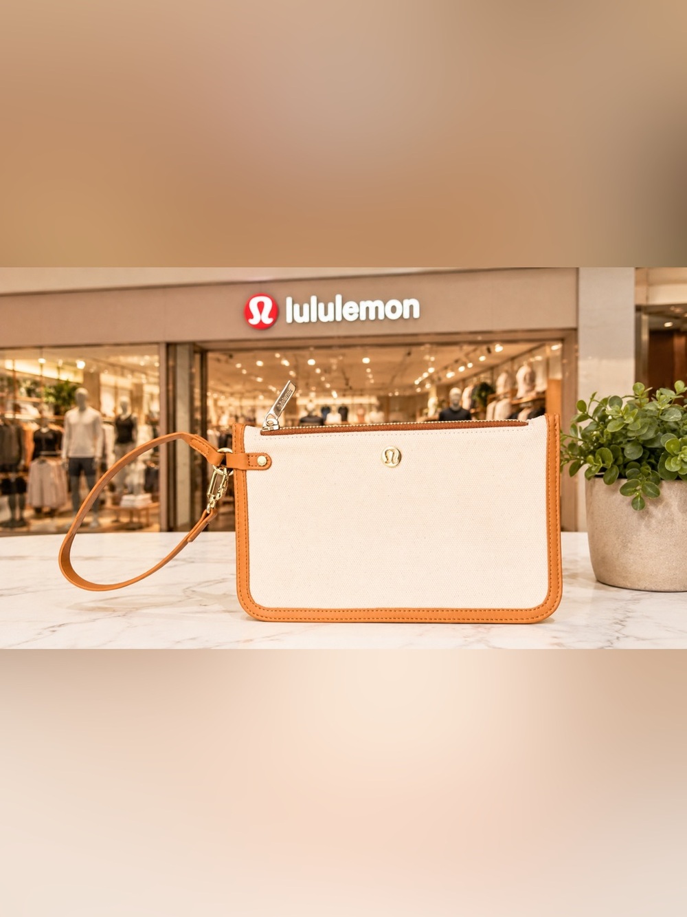 lululemon Classic Canvas Wristlet in Cream and Tan Leather Trim New Never Used